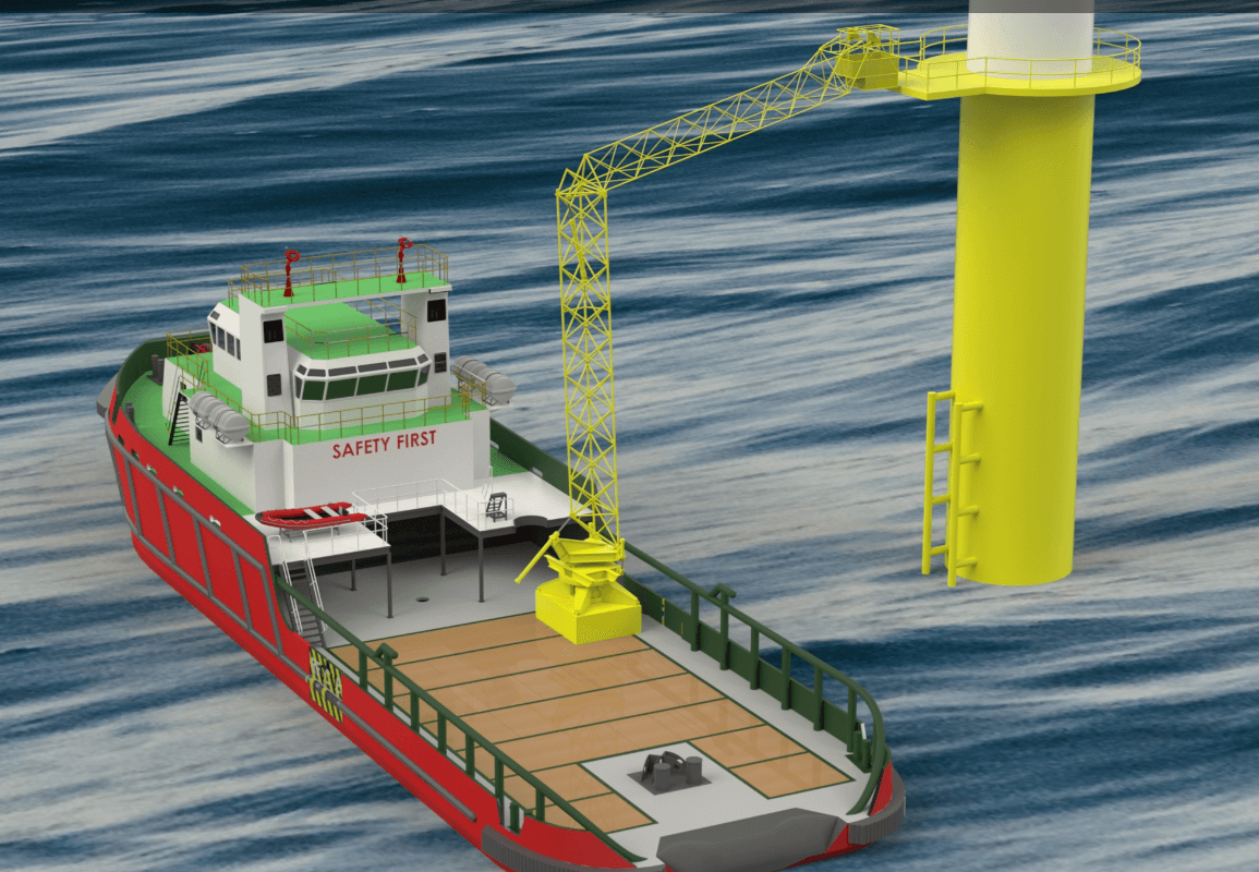 Illustration of boat with crane attached to structure in sea