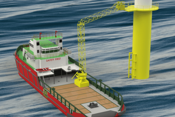 Illustration of boat with crane attached to structure in sea